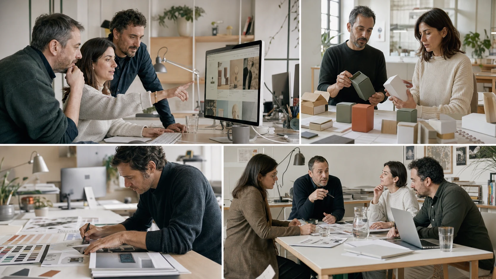 A multidisciplinary team working on web design, packaging, editorial design and strategy in a contemporary studio