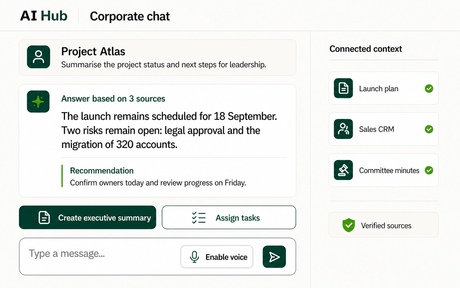 AI Hub interface with a corporate chat, connected sources, text field and voice option