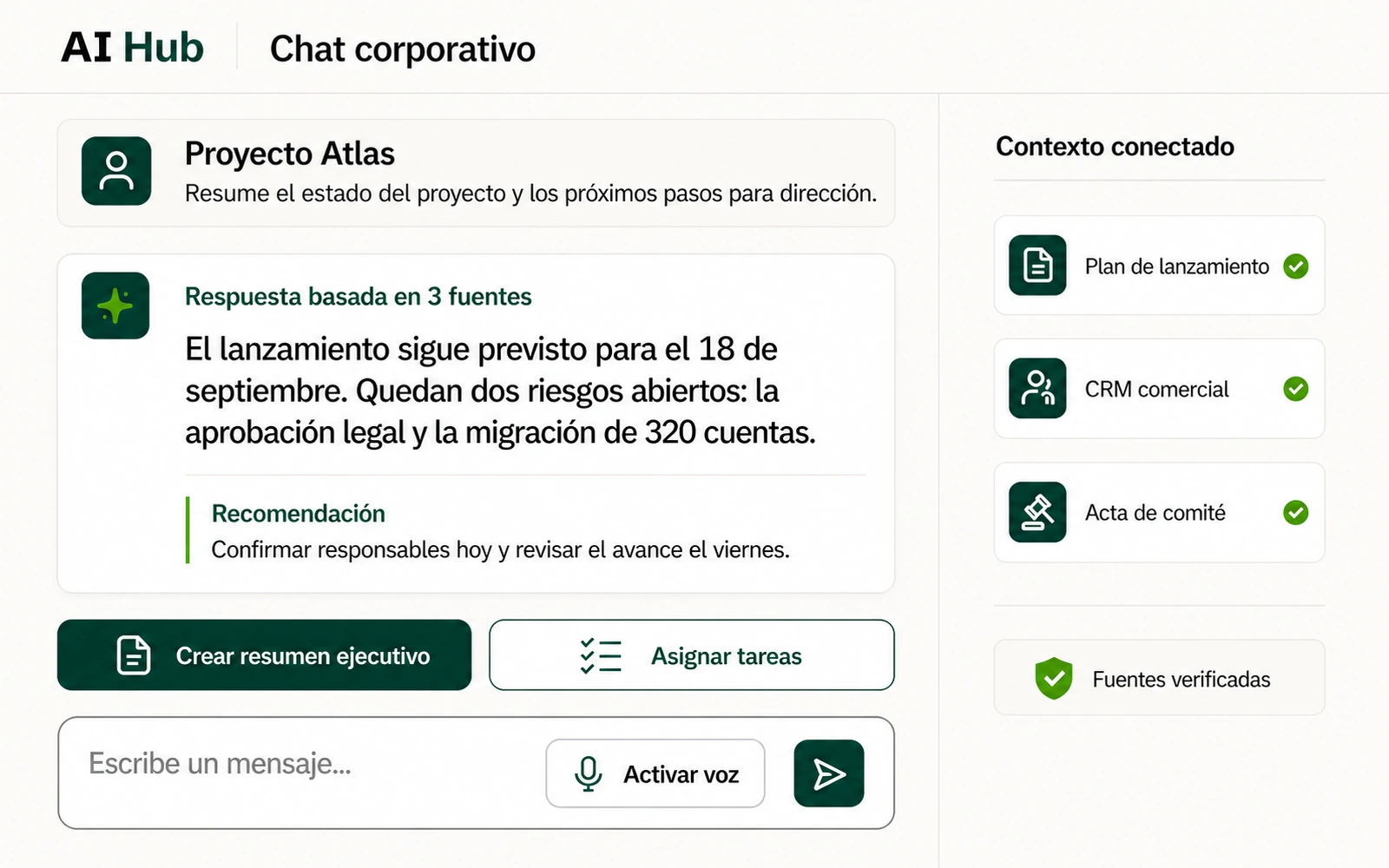 Interfaz de AI Hub con un chat corporativo, fuentes conectadas, campo de texto y opción de voz