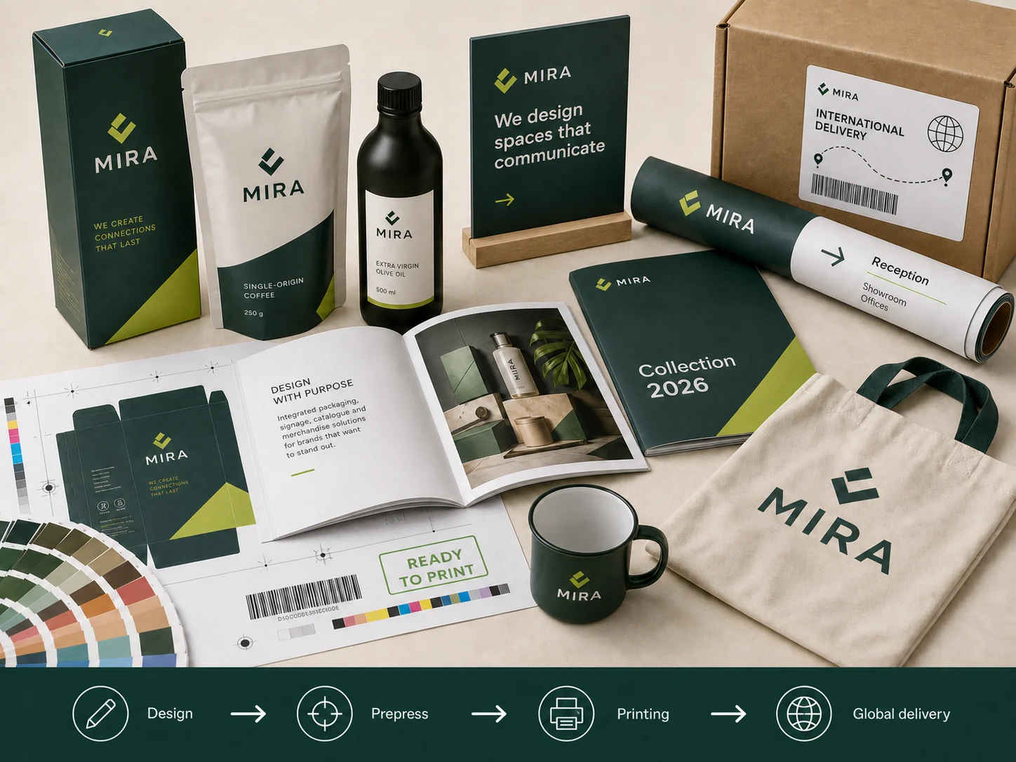 Production system covering packaging, signage, catalogues, merchandise, technical preparation, printing and international delivery