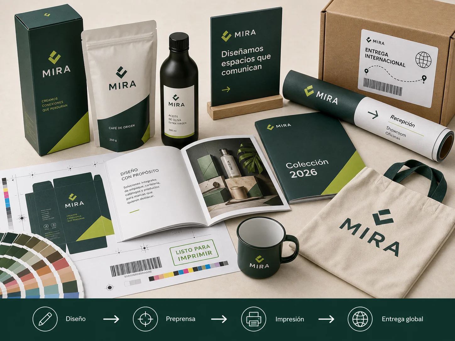 Sistema de producción con packaging, cartelería, catálogos, merchandise, preparación técnica, impresión y entrega internacional