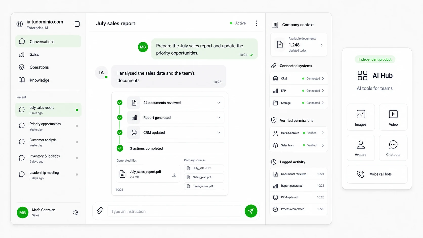 Enterprise AI interface connected to documents, CRM and ERP, executing business tasks while AI Hub is presented as a separate product