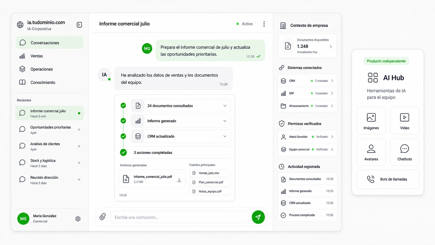 Interfaz de IA Corporativa conectada a documentos, CRM y ERP, con ejecución de tareas empresariales y AI Hub presentado como producto independiente