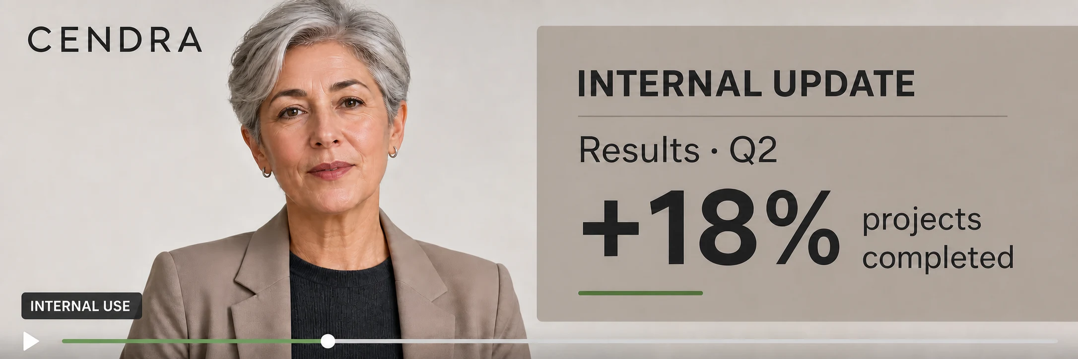 CENDRA senior digital spokesperson presenting an internal update with quarterly results