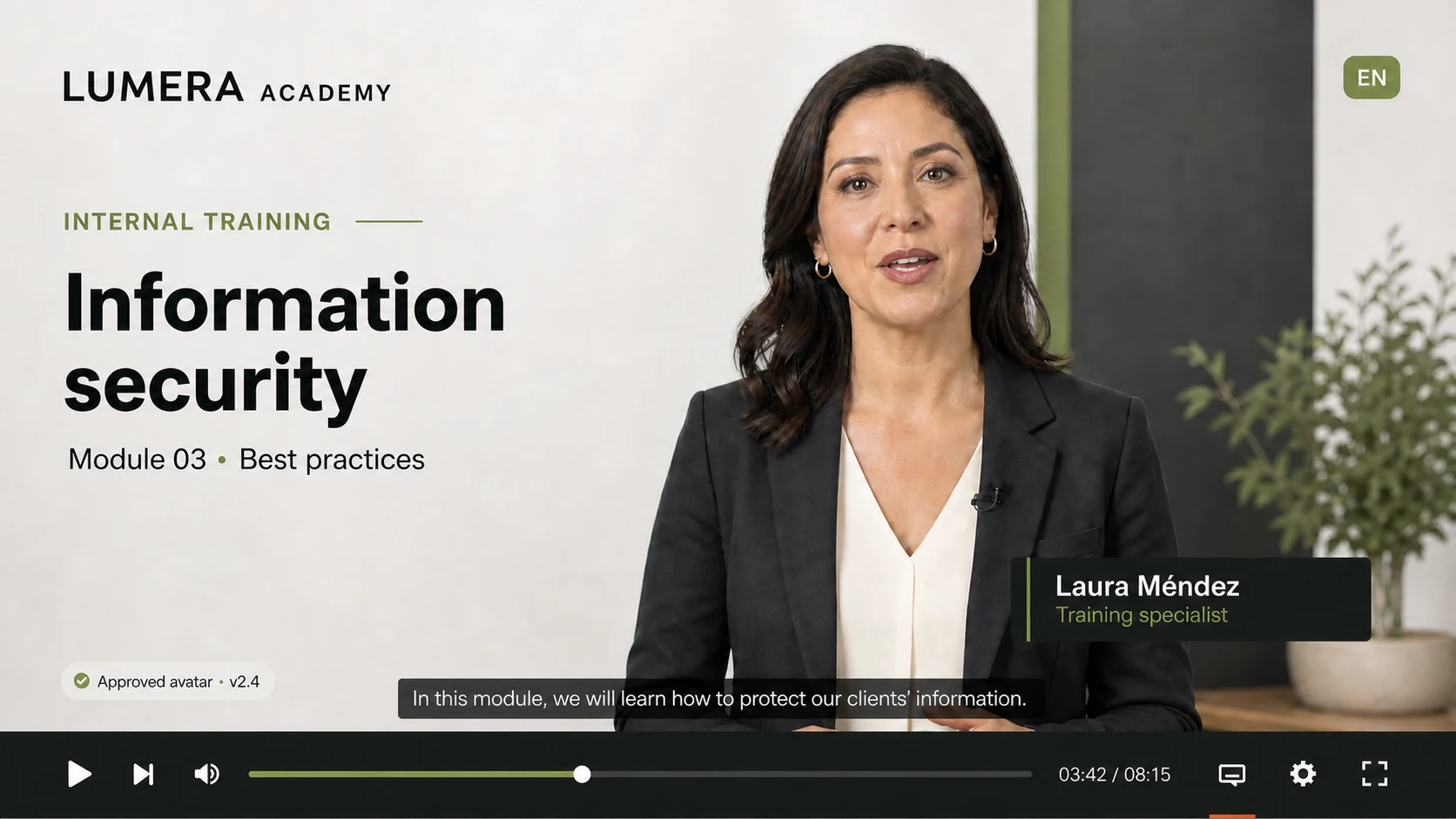 Digital brand spokesperson presenting a corporate training module with subtitles, titles and video controls