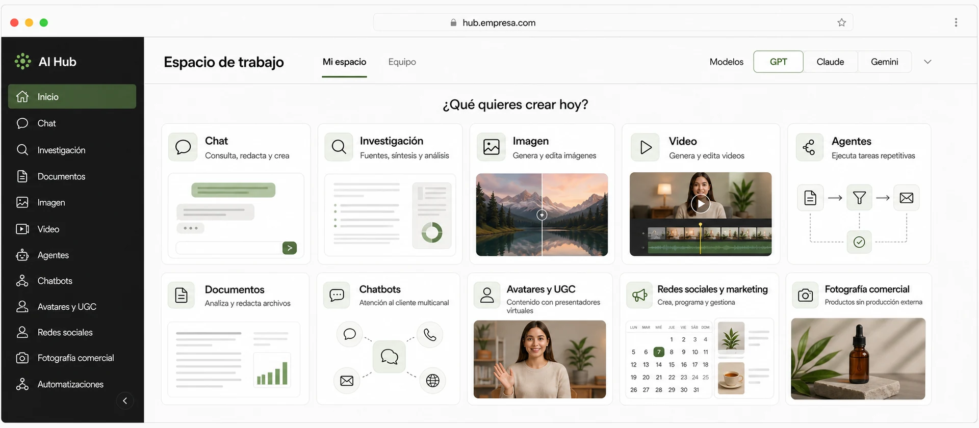 Vista general de AI Hub con navegación, selector de modelos y herramientas para chat, investigación, imagen, video, agentes, documentos, chatbots, avatares, redes sociales y fotografía comercial