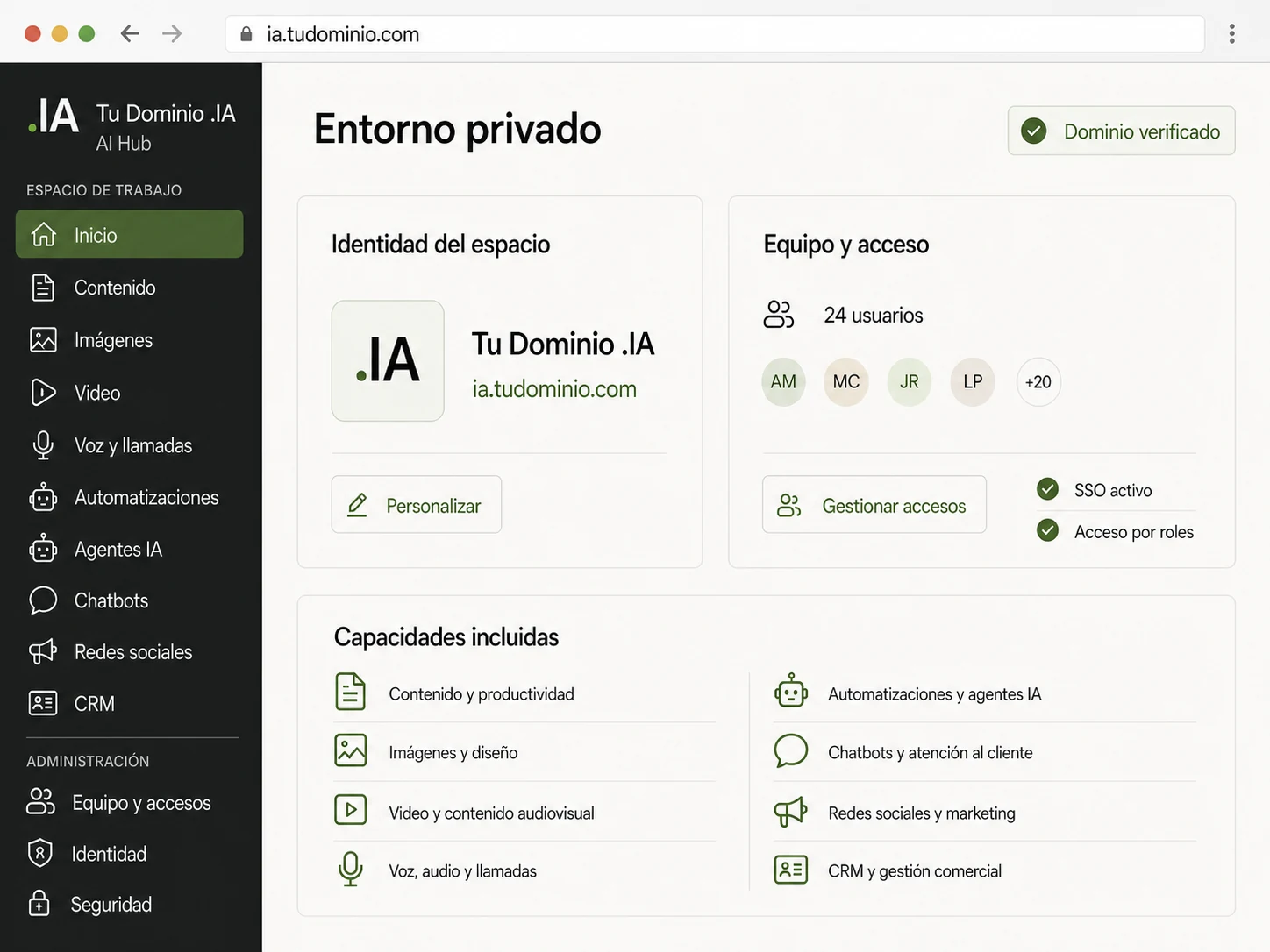 Entorno privado de AI Hub con dominio propio, navegación completa, identidad personalizada, usuarios, accesos y capacidades empresariales