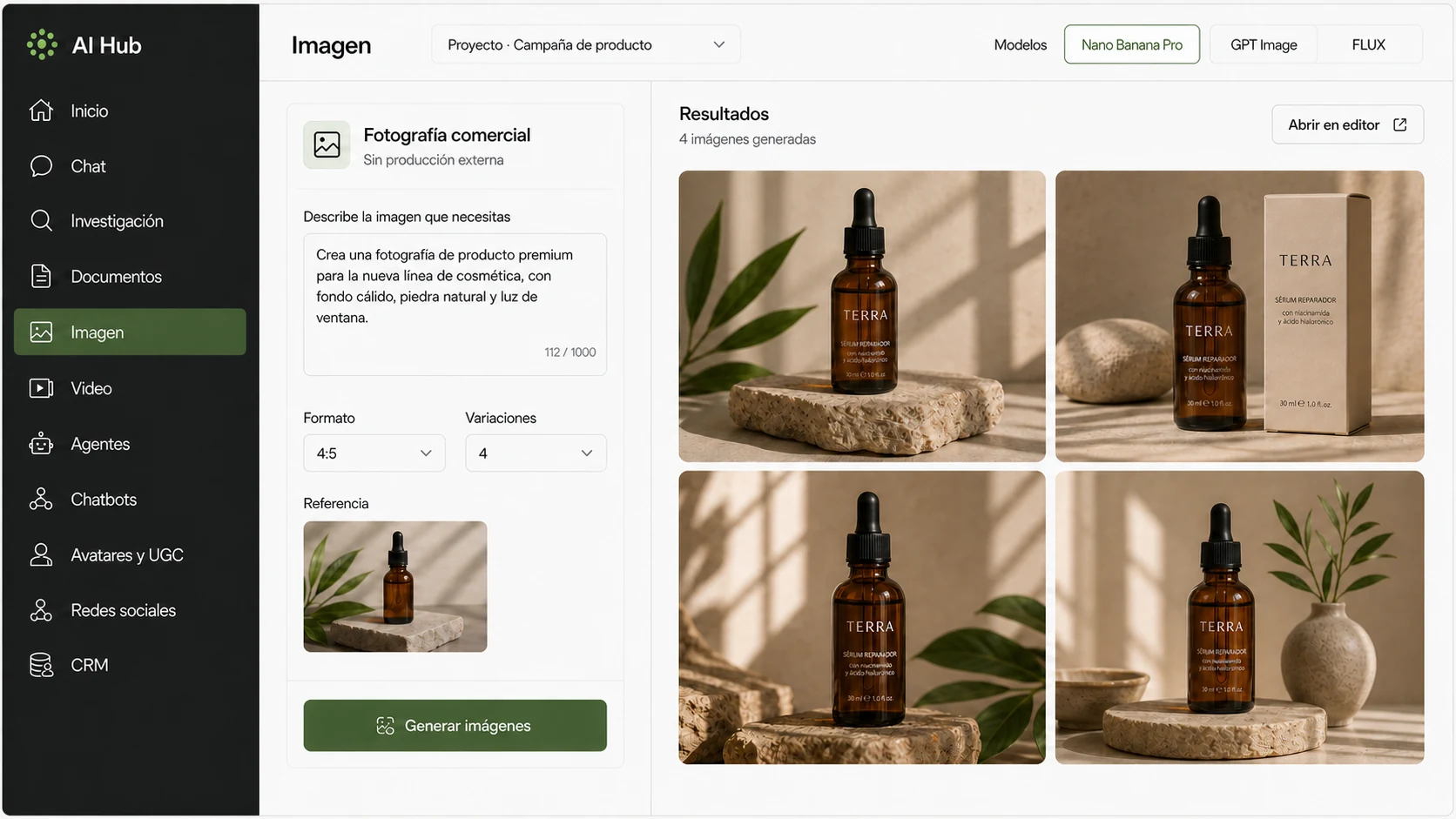 Interfaz de AI Hub usando Nano Banana Pro para generar cuatro fotografías comerciales a partir de una referencia y abrirlas en el editor