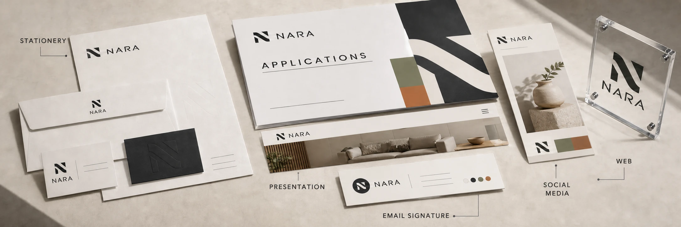 NARA identity applications across stationery, presentation, email signature, social media, web and signage