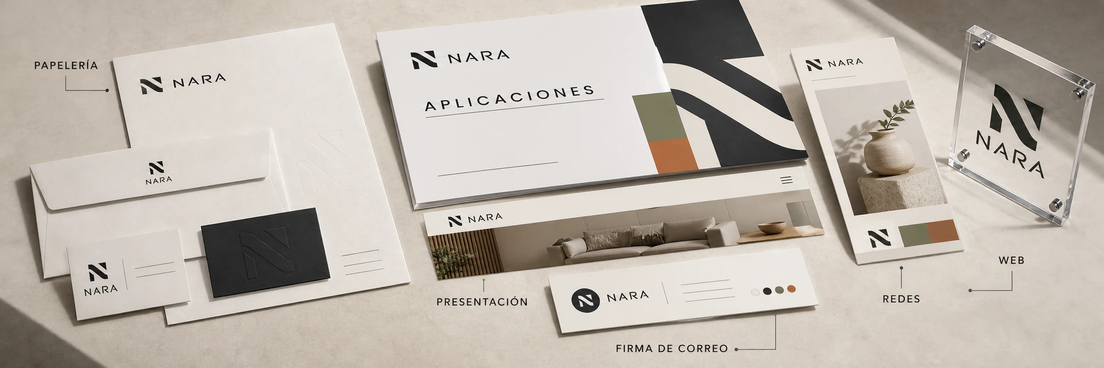 Aplicaciones de la identidad NARA en papelería, presentación, firma de correo, redes, web y señalética