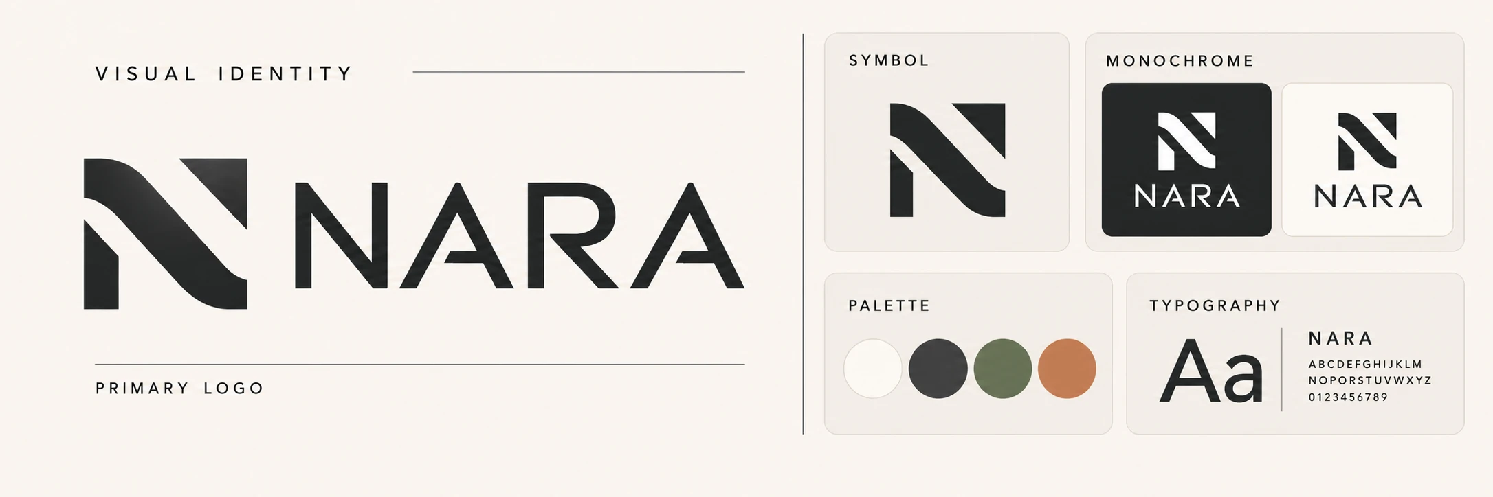 NARA visual identity system with logo, symbol, variants, palette and typography