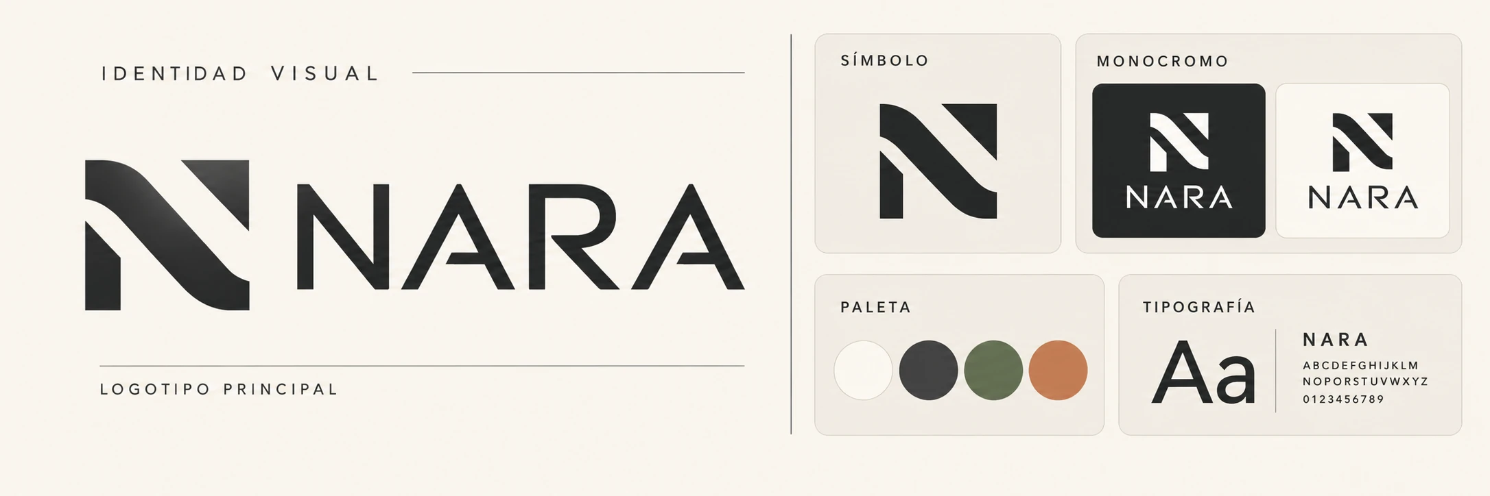 Sistema de identidad visual NARA con logotipo, símbolo, variantes, paleta y tipografía