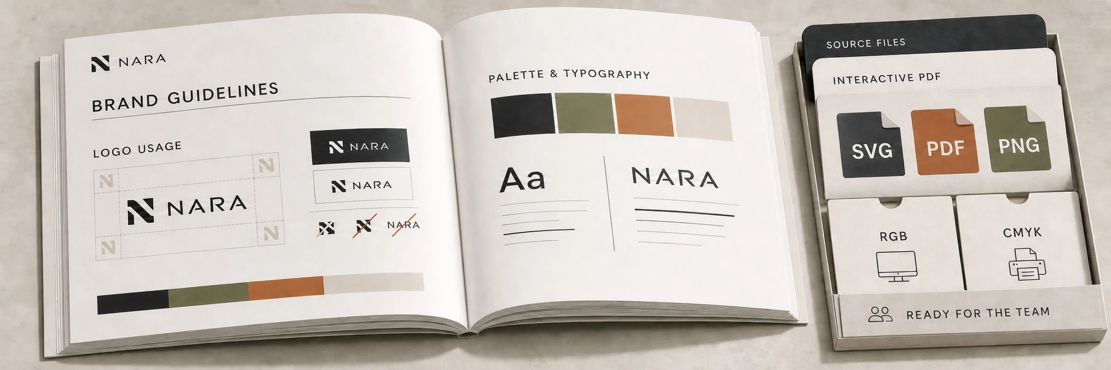 NARA brand guidelines with usage rules and an organized source-file package for screen and print
