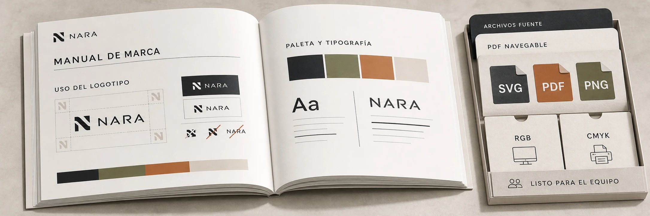 Manual de marca NARA con reglas de uso y paquete organizado de archivos fuente para pantalla e impresión
