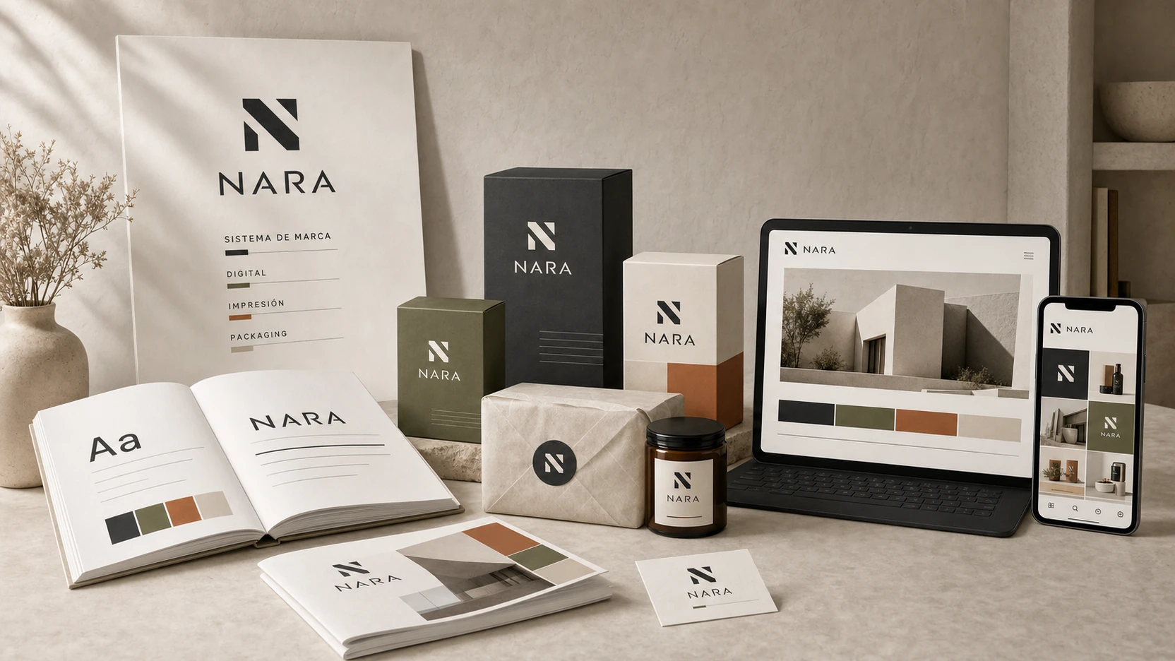 Sistema de marca NARA aplicado en logotipo, tipografía, paleta, soportes digitales, impresión y packaging