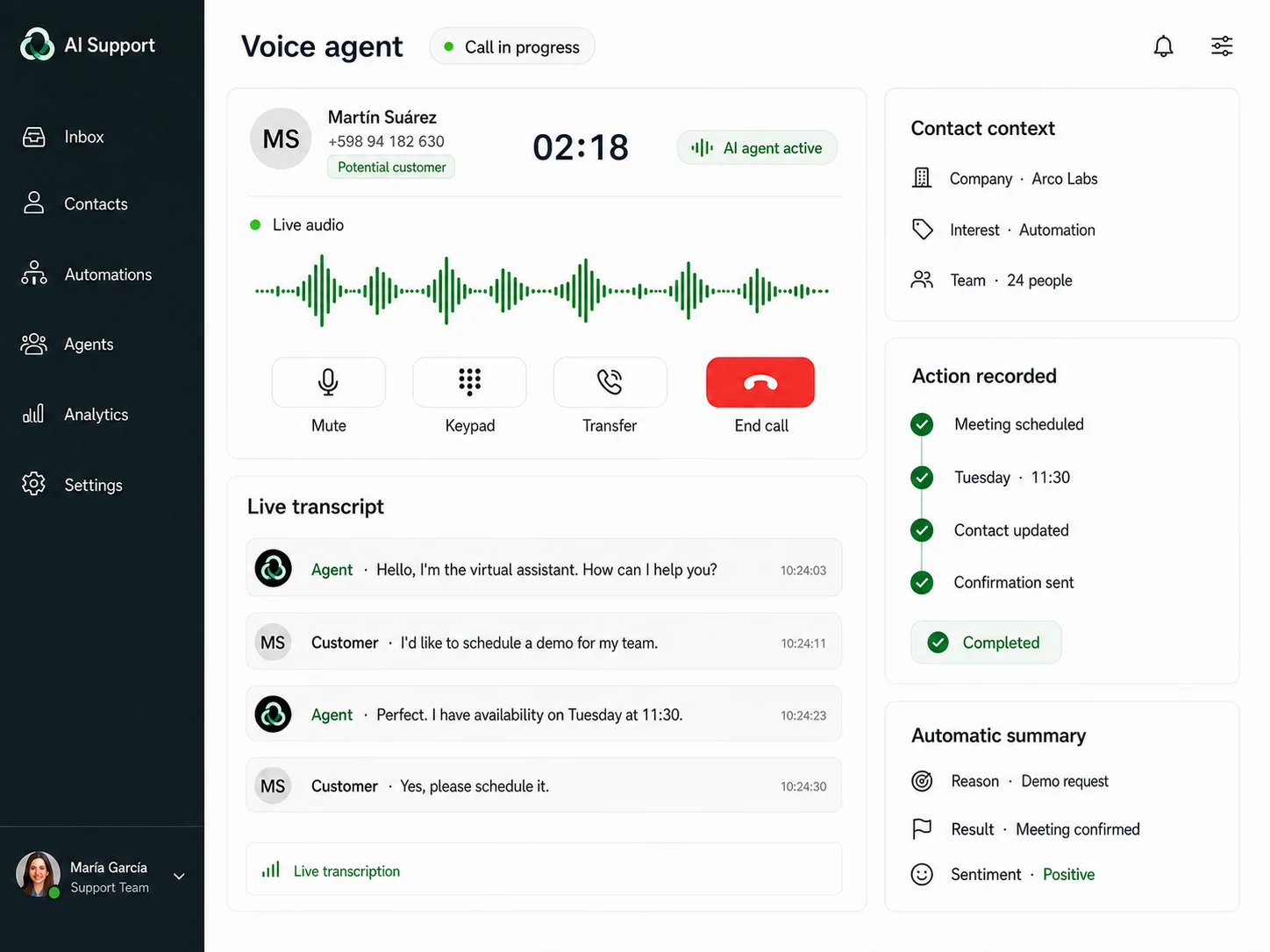 AI voice agent in an active call with live audio, real-time transcript, contact context and recorded business actions