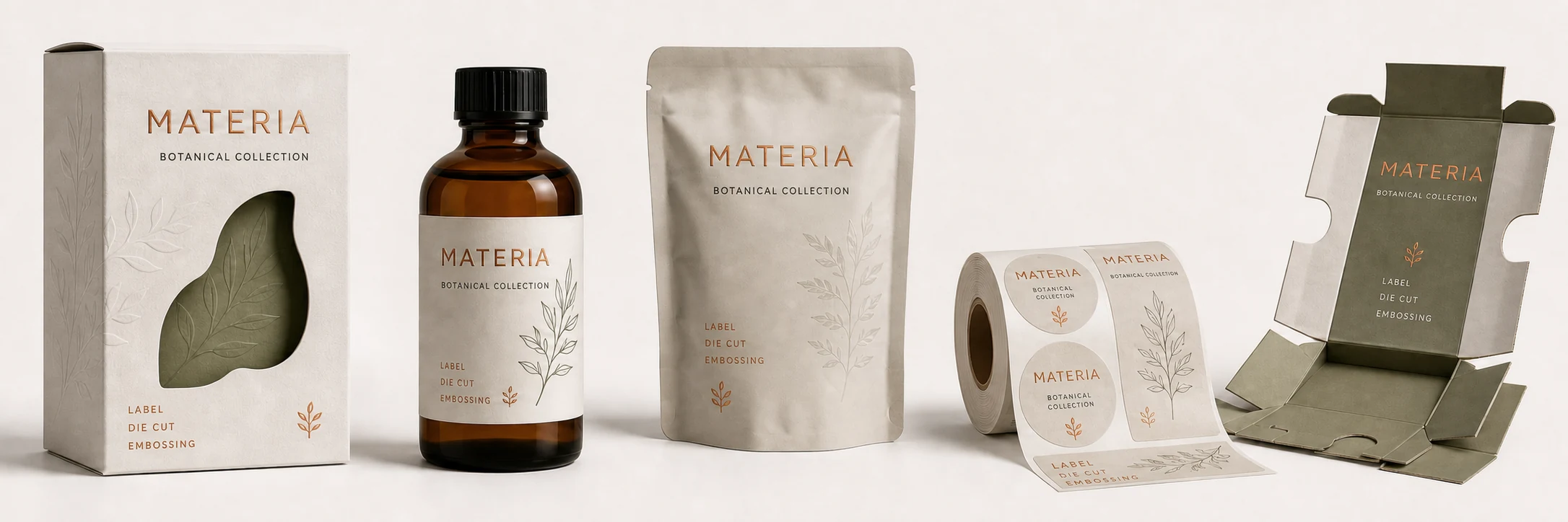 MATERIA packaging system with die-cut carton, bottle, refill pouch, adhesive labels and unfolded box