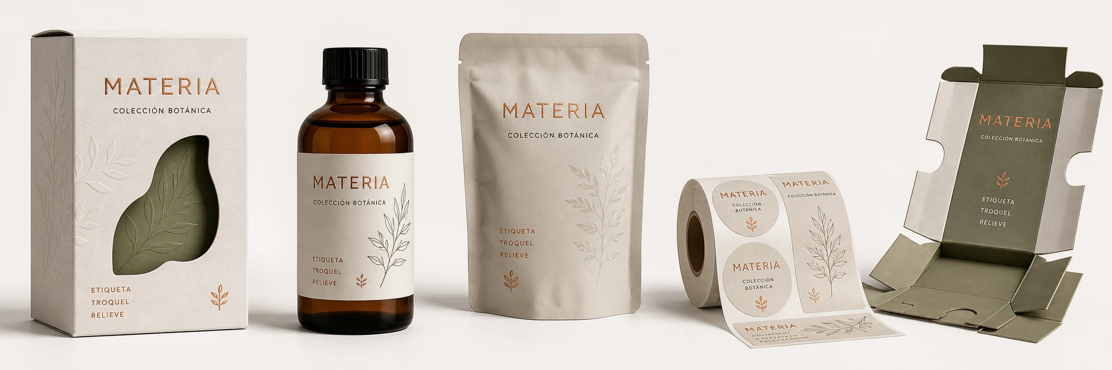 Sistema de packaging MATERIA con caja troquelada, botella, pouch, etiquetas adhesivas y estuche desplegado