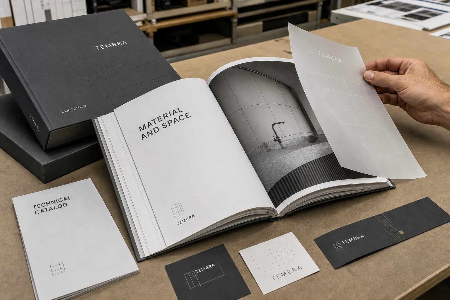 TEMBRA production project with bound catalog, slipcase, translucent page, printed samples and manual finish inspection