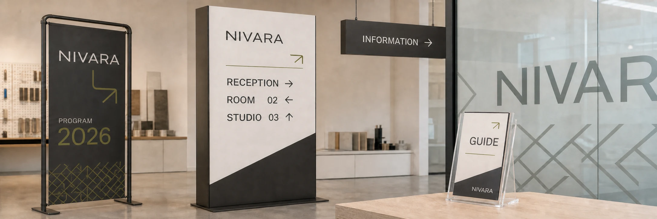 NIVARA signage and wayfinding system with exhibition banner, directional monolith, suspended sign, window vinyl and countertop display