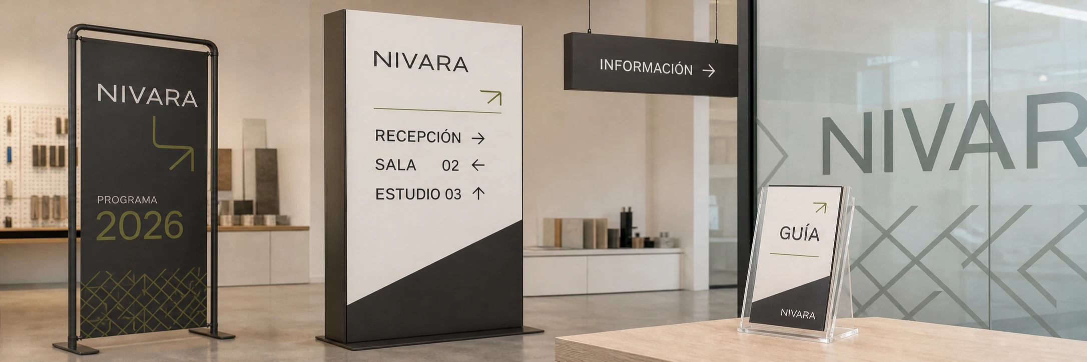 Sistema de cartelería y señalética NIVARA con banner, monolito direccional, señal suspendida, vinilo y display de mostrador