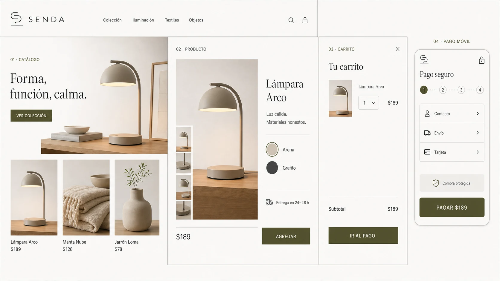 Recorrido de compra SENDA con catálogo, ficha de producto, carrito y checkout móvil