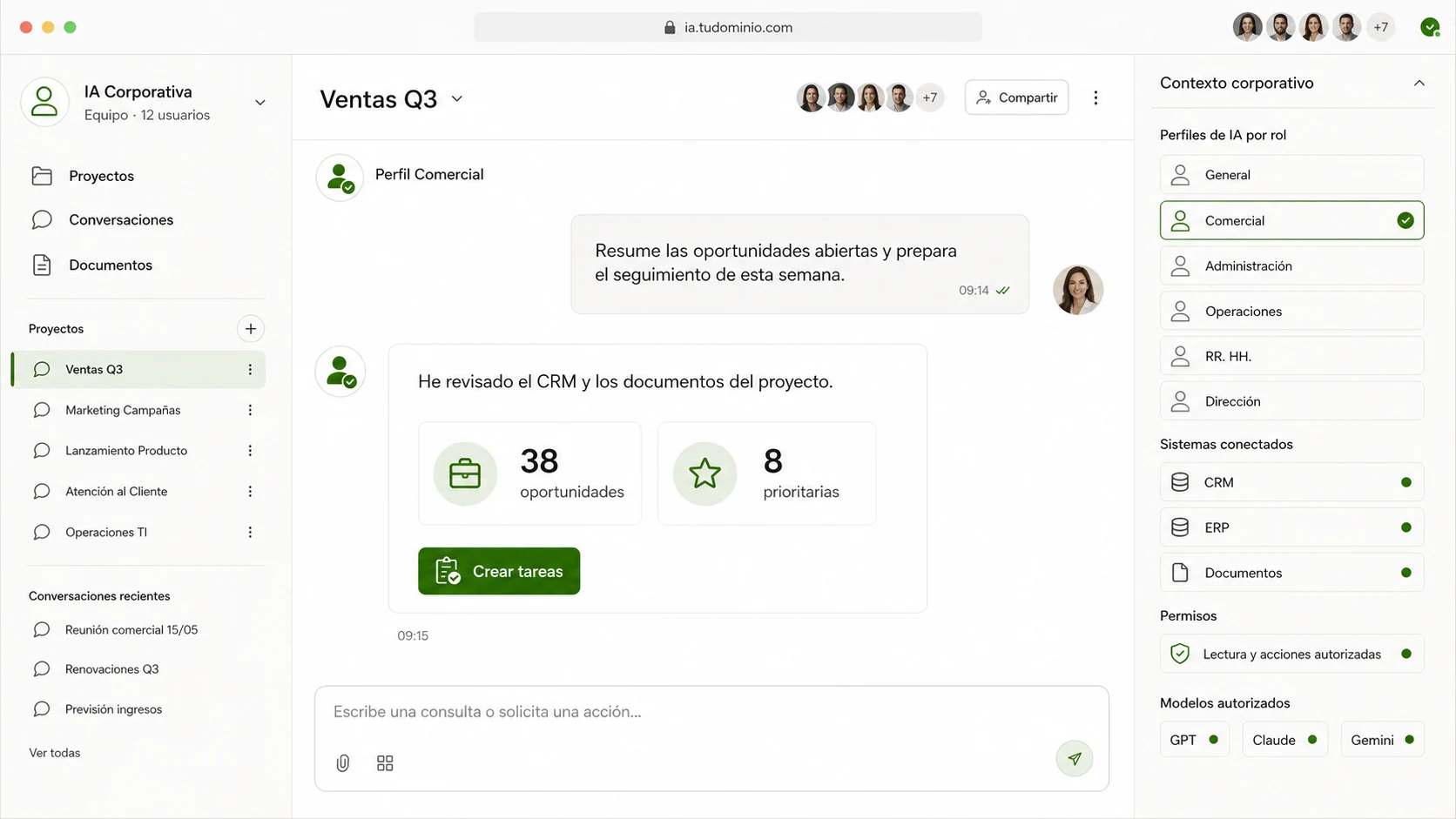 Interfaz multiusuario de IA Corporativa con proyectos, conversaciones, perfiles por área, sistemas conectados, permisos y modelos autorizados