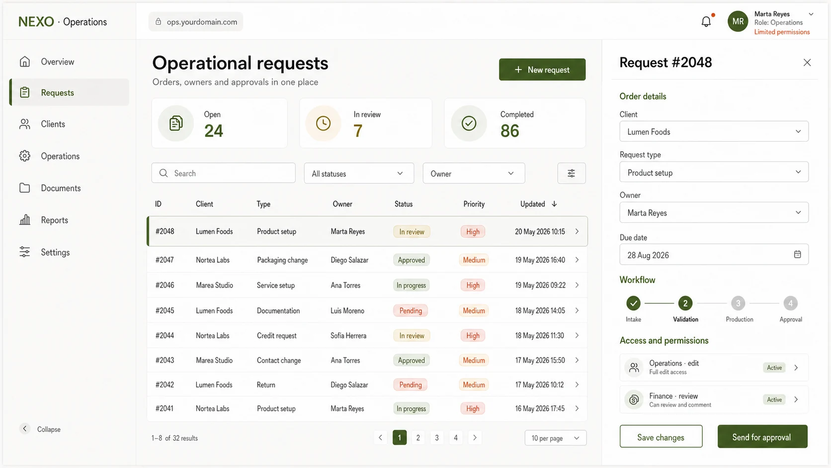 Internal application interface for managing requests, forms, statuses, approval workflows and role-based permissions