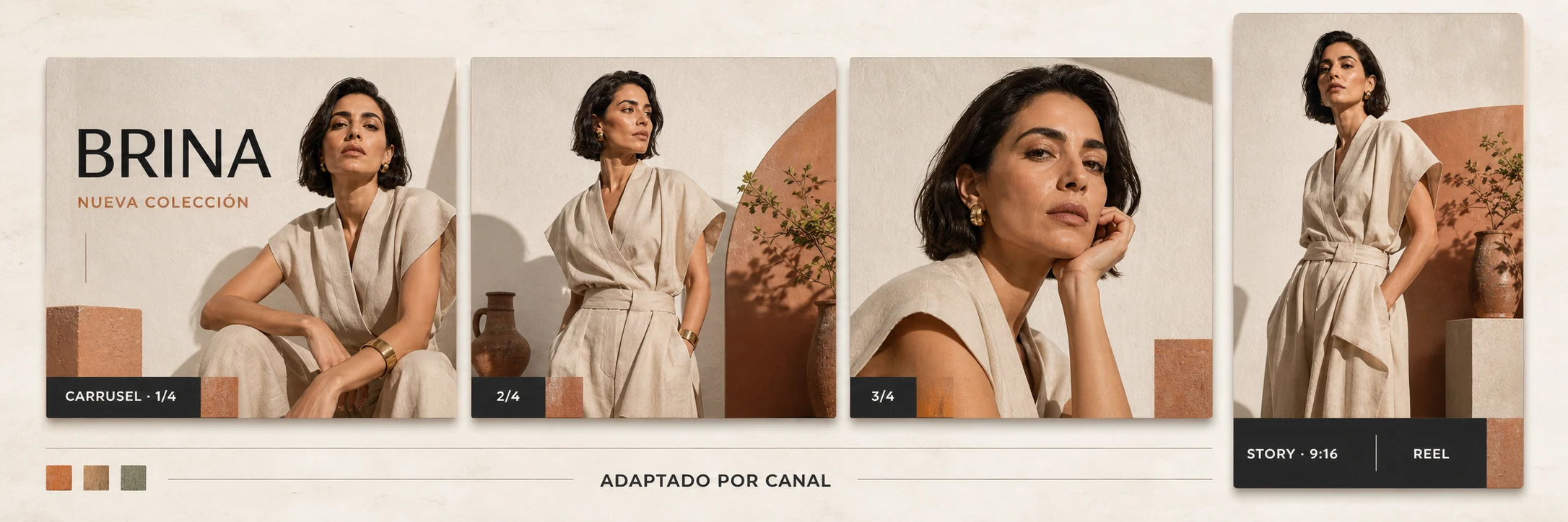 Campaña editorial de BRINA adaptada a carrusel, stories y reels