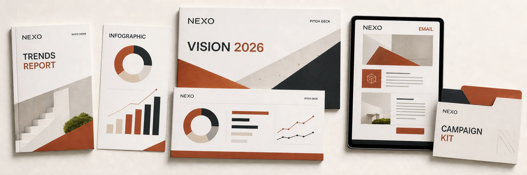 NEXO corporate editorial suite with pitch deck, white paper, infographic, email and campaign kit