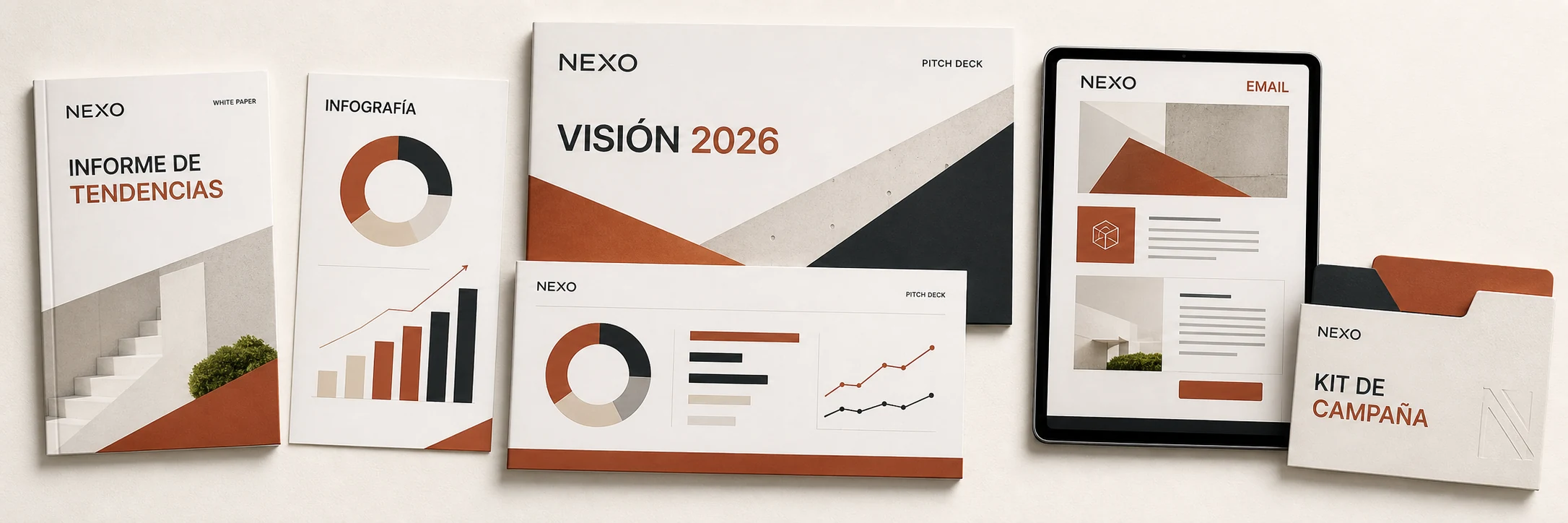 Sistema editorial corporativo NEXO con presentación, white paper, infografía, email y kit de campaña