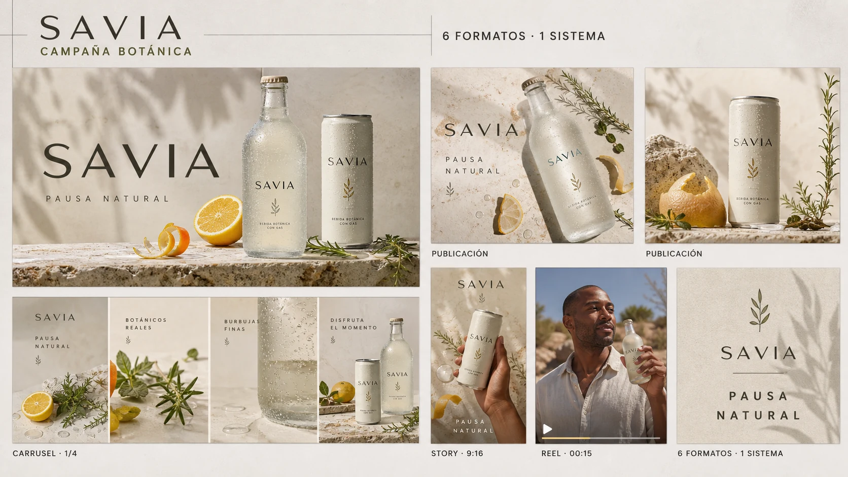 Sistema de contenido de SAVIA con publicaciones, carrusel, story y reel de una misma campaña