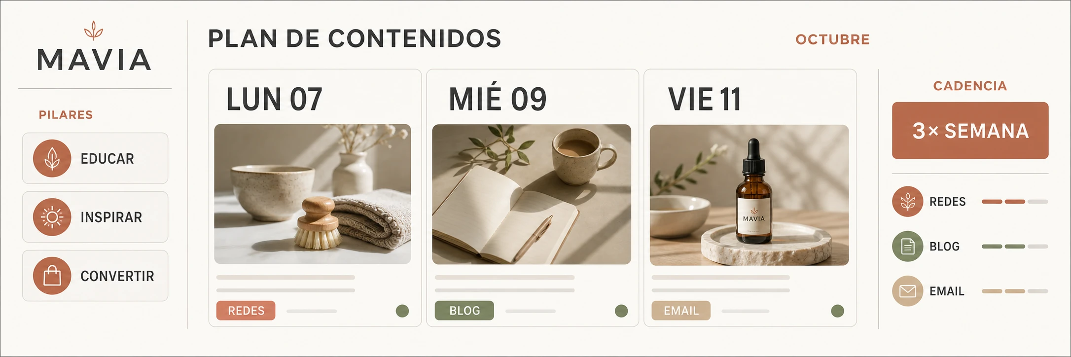 Plan de contenidos de MAVIA con pilares, calendario semanal, canales y cadencia editorial