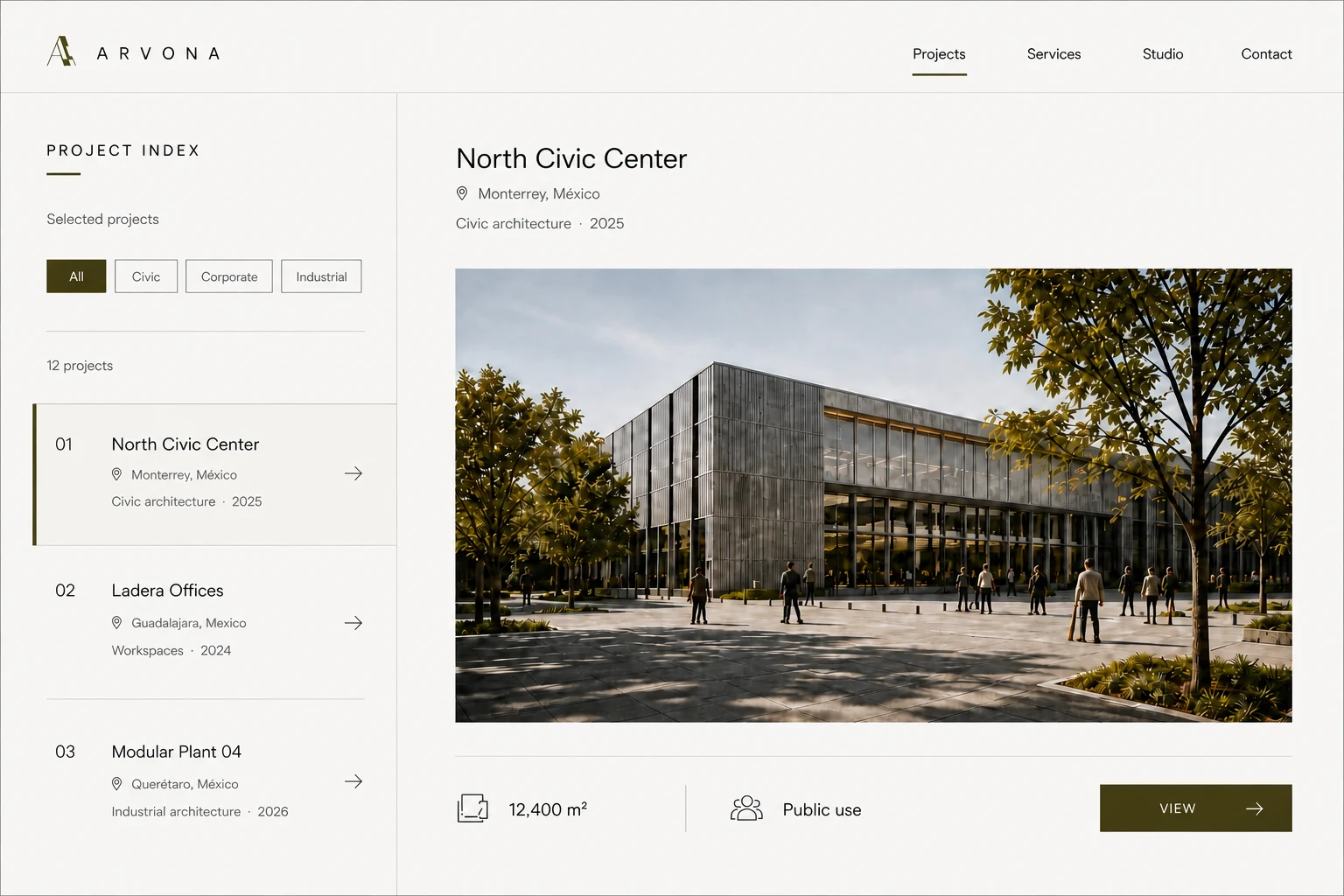 ARVONA project index with filters, project list and North Civic Center detail