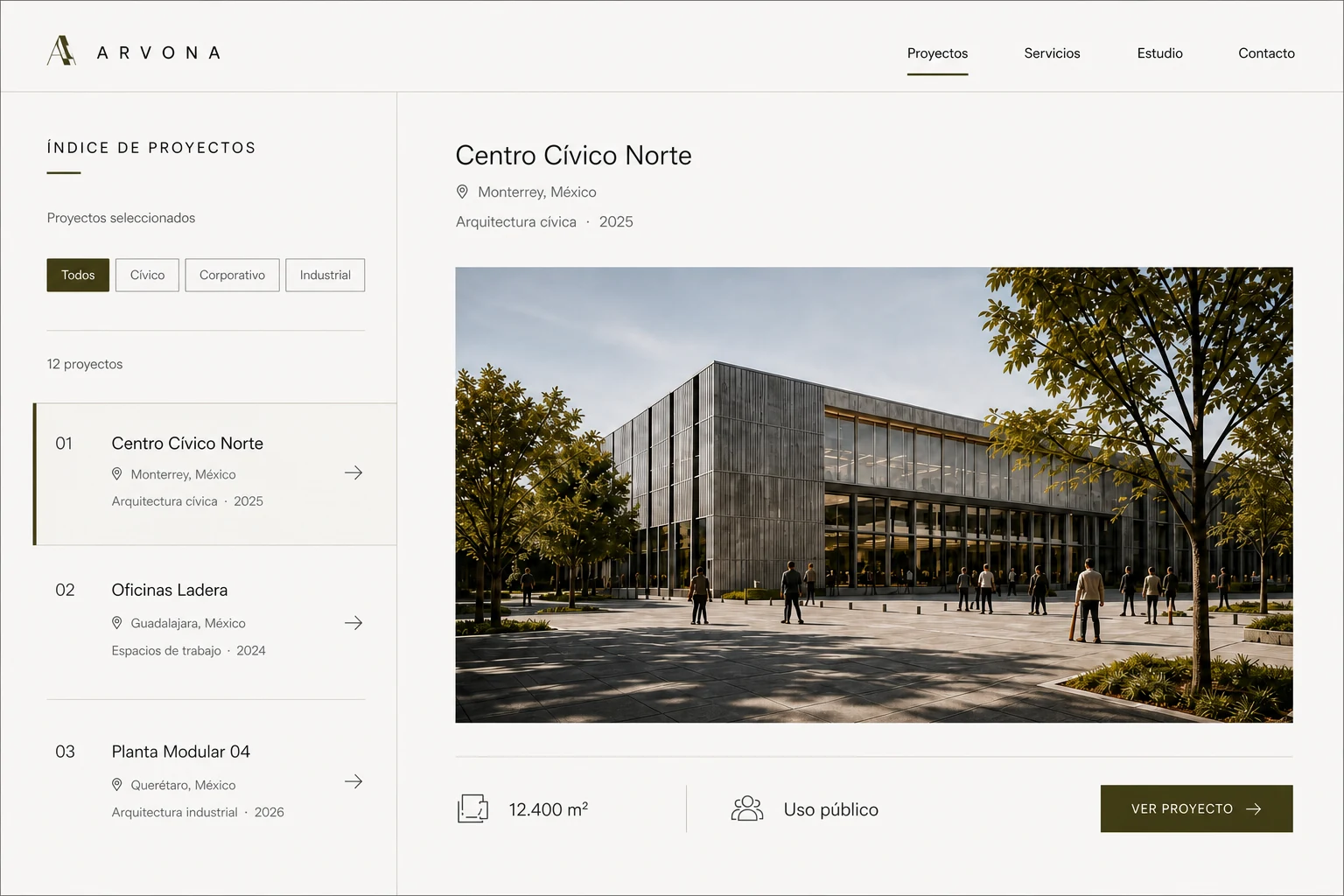 Índice de proyectos ARVONA con filtros, listado y detalle del Centro Cívico Norte