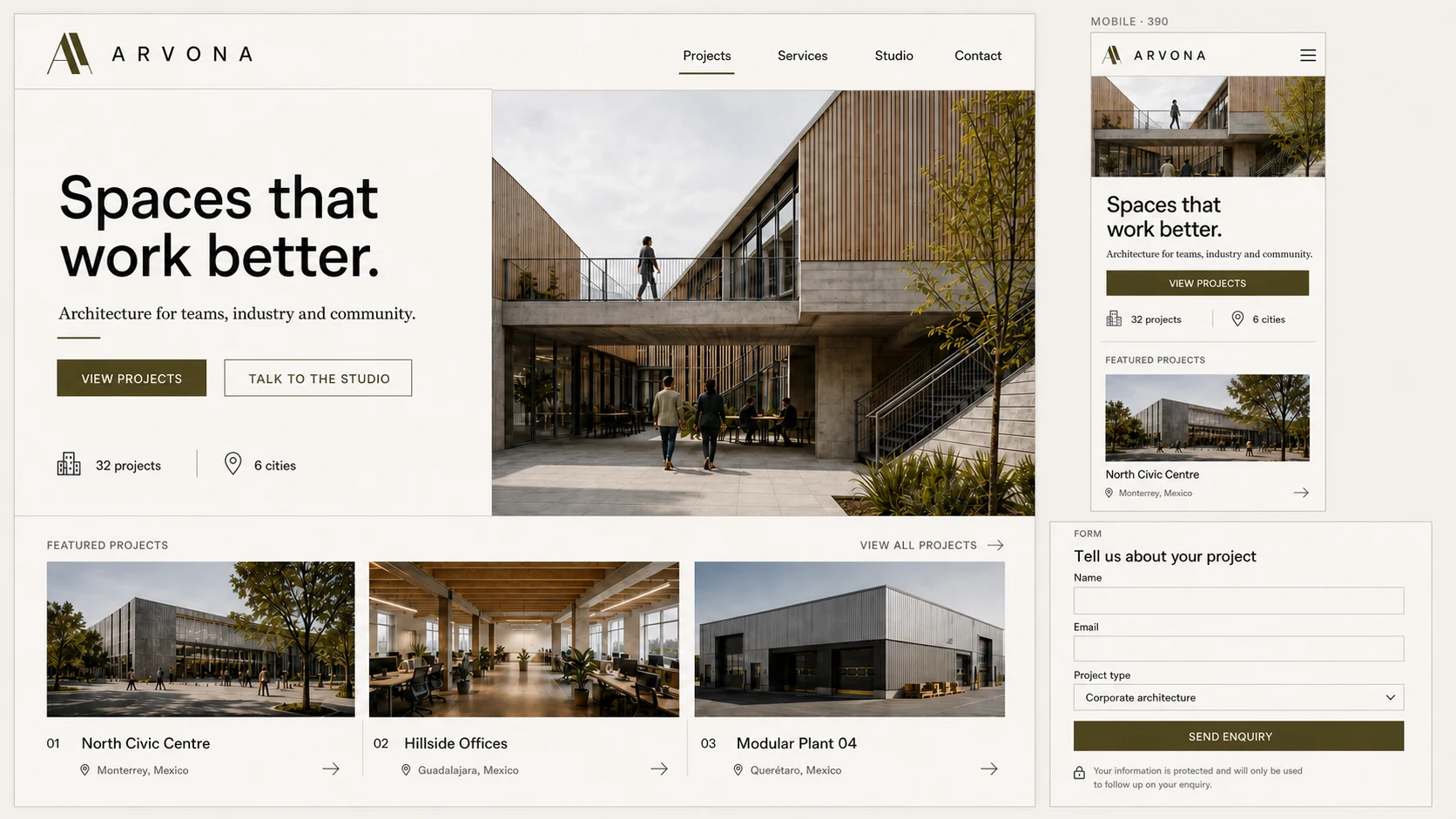 ARVONA web case study with desktop interface, mobile adaptation, architecture projects and enquiry form