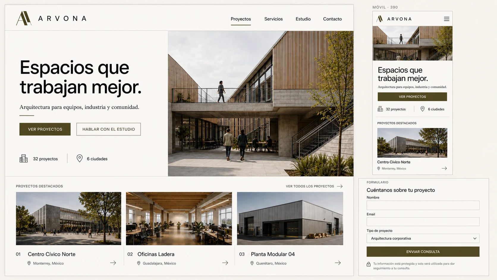Caso web ARVONA con interfaz de escritorio, adaptación móvil, proyectos de arquitectura y formulario de contacto