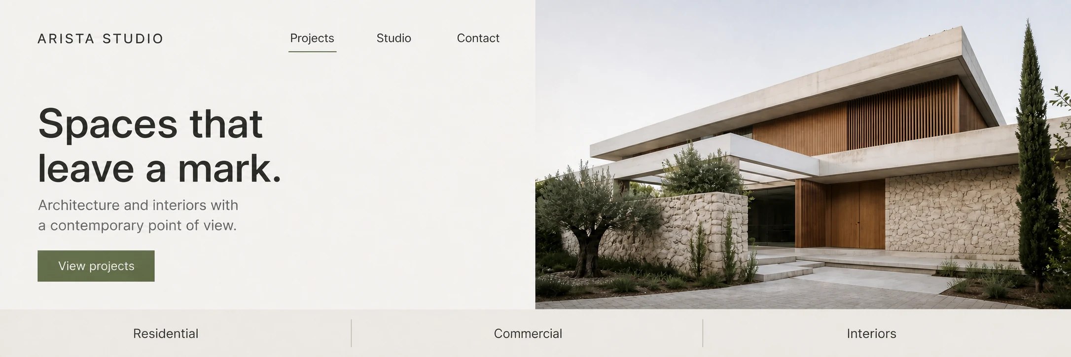 Custom homepage for an architecture studio with editorial design and photography of a contemporary project