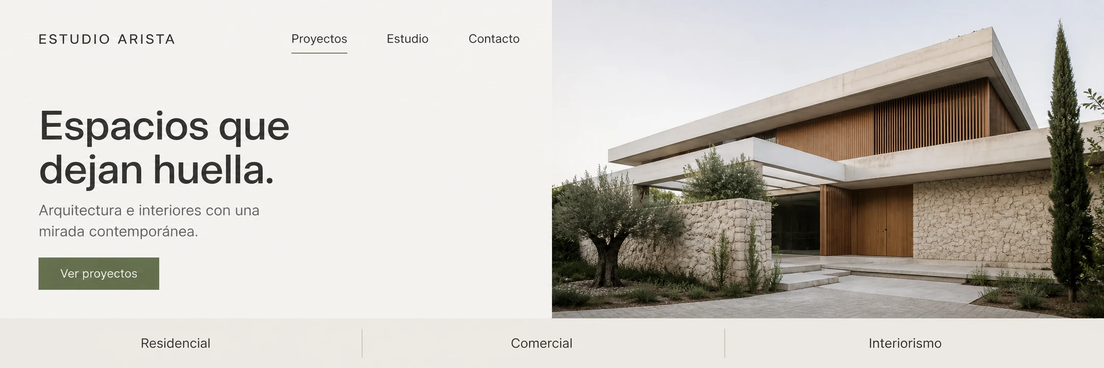 Página de inicio a medida para un estudio de arquitectura con diseño editorial y fotografía de un proyecto contemporáneo