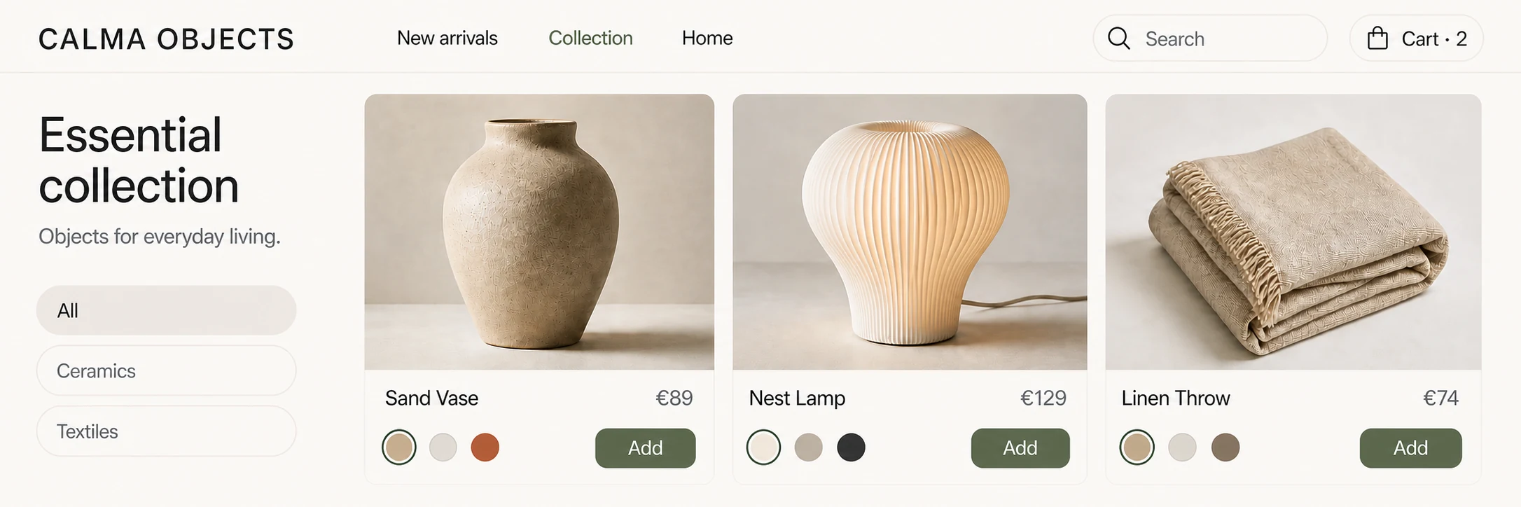 WooCommerce homeware catalogue with products, prices, variants, search, cart and purchase buttons