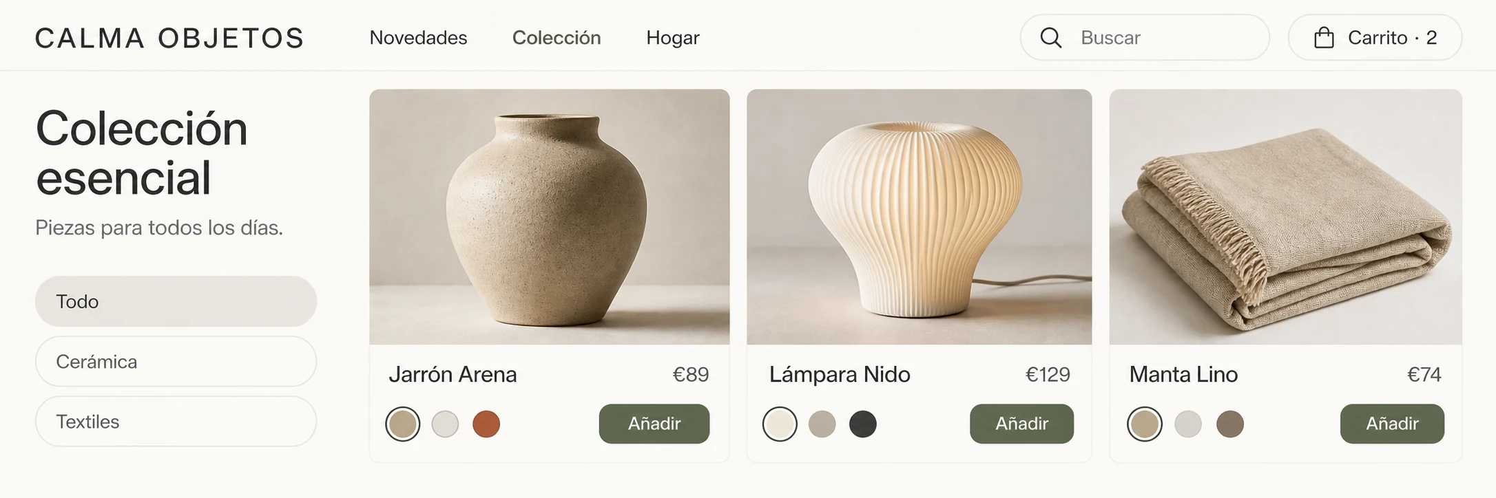 Catálogo WooCommerce de objetos para el hogar con productos, precios, variantes, búsqueda, carrito y botones de compra